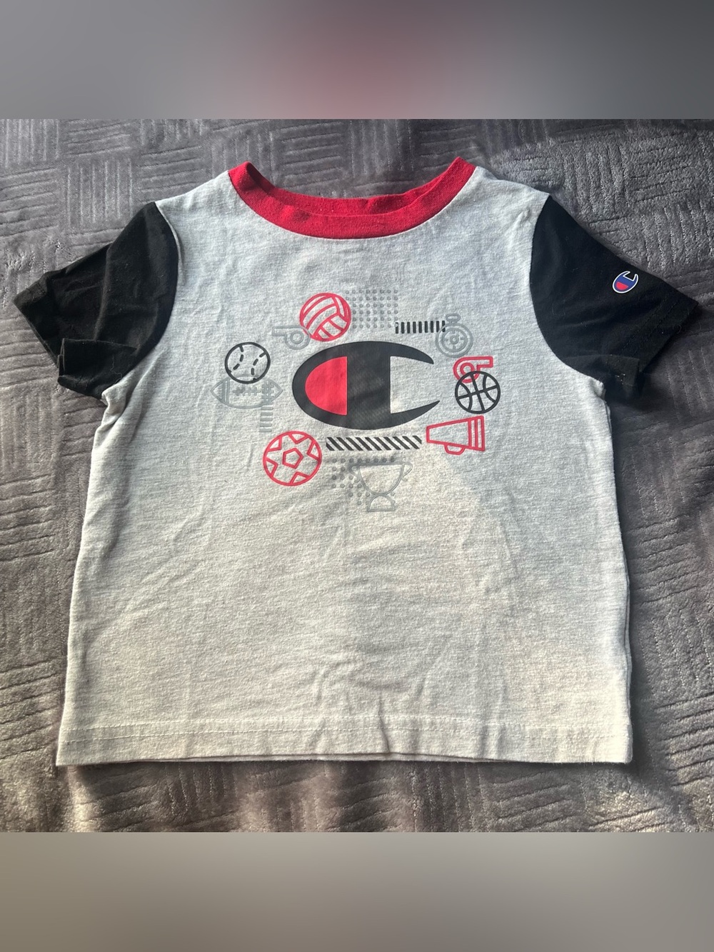 Champion Kids Short-Sleeve Gray Tee with Black Sleeves and Red Trim